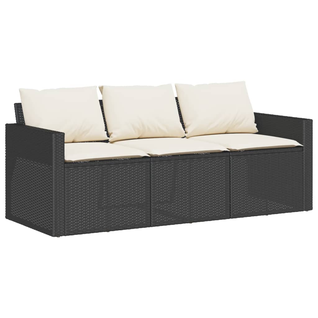 vidaXL Patio Sofa with Cushions 3-Seater Black Poly Rattan