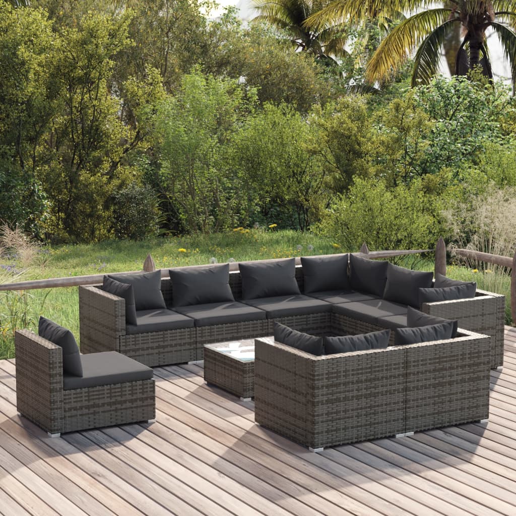 vidaXL 10 Piece Patio Lounge Set with Cushions Poly Rattan Gray