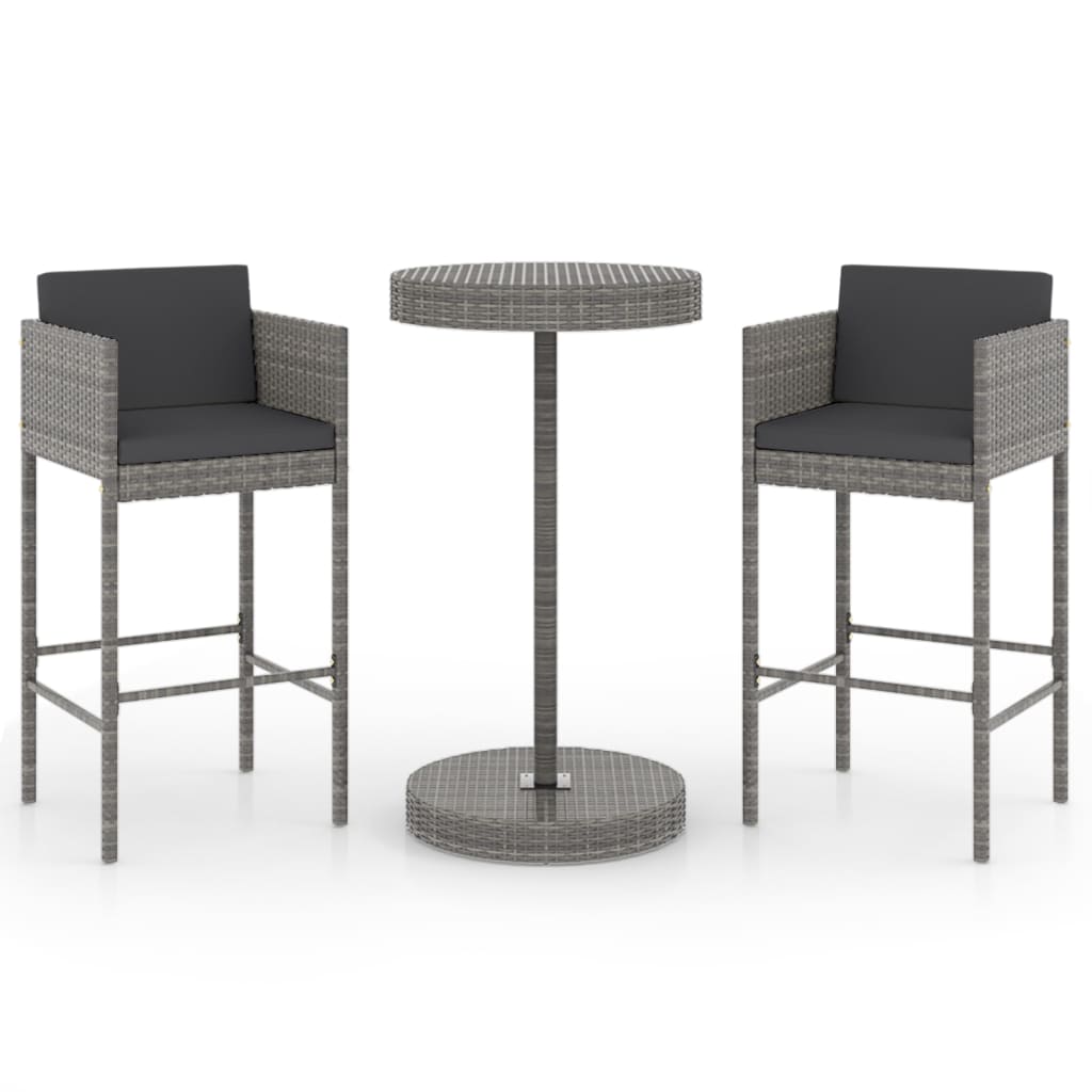 vidaXL 3 Piece Patio Bar Set with Cushions Poly Rattan Gray