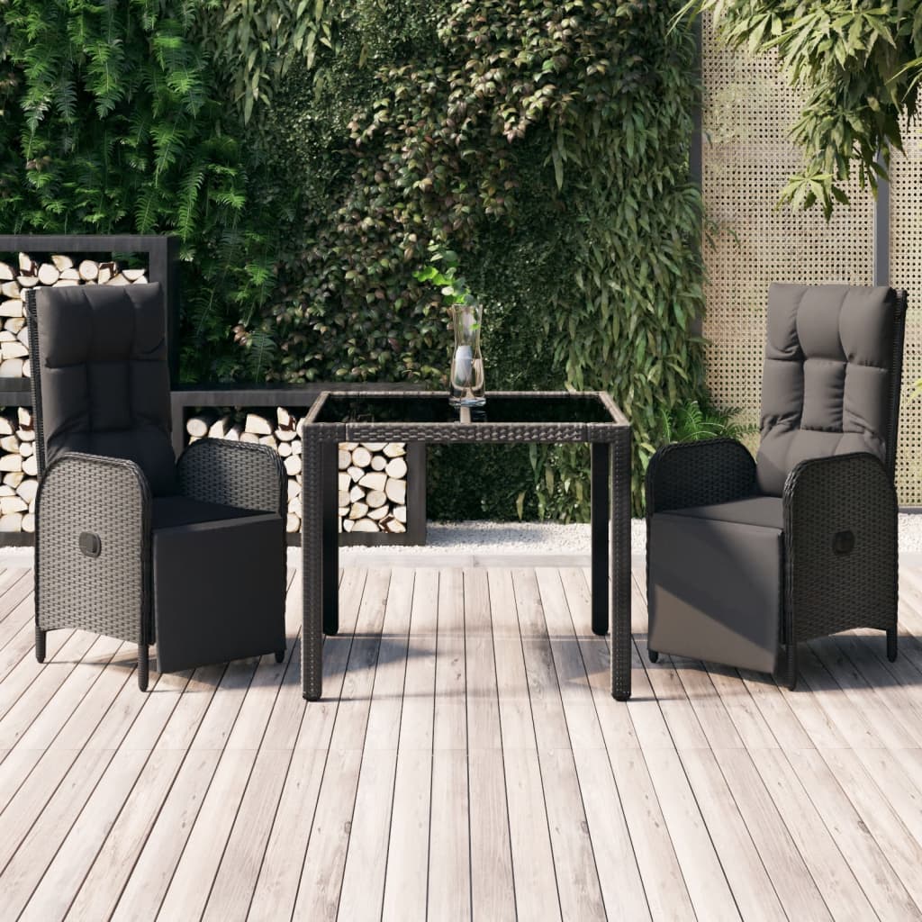 vidaXL 3 Piece Patio Dining Set with Cushions Black Poly Rattan