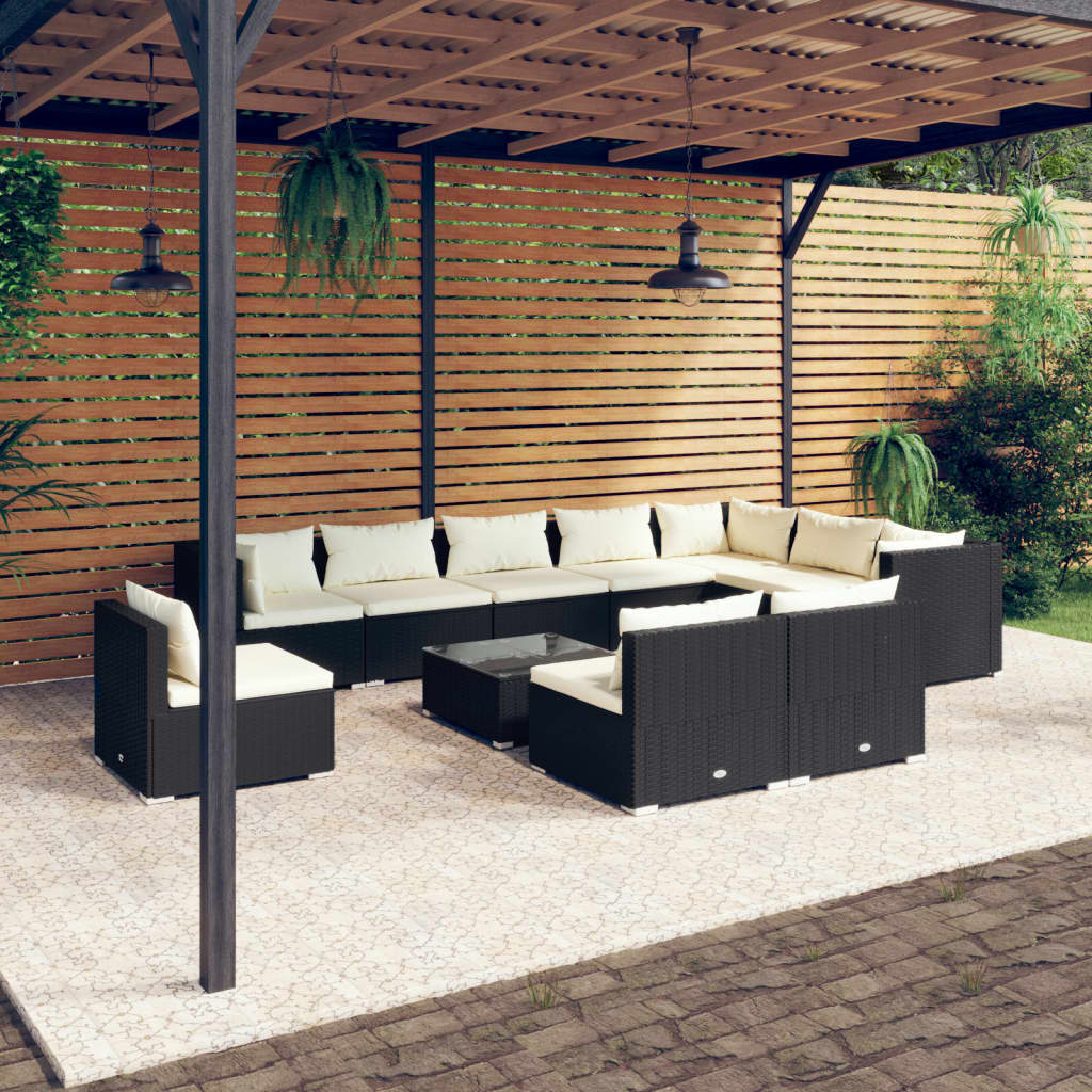 vidaXL 11 Piece Patio Lounge Set with Cushions Poly Rattan Black