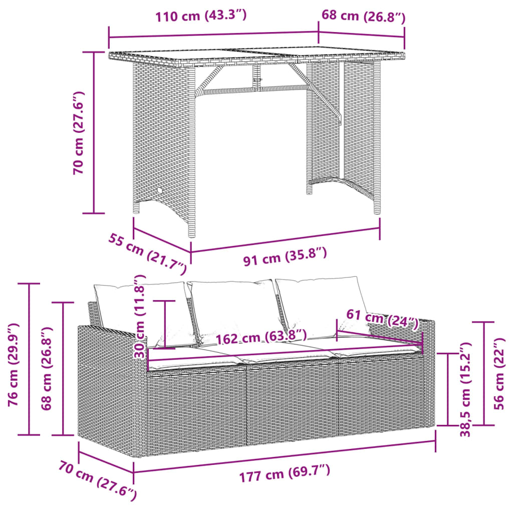 vidaXL 2 Piece Patio Dining Set with Cushions Black Poly Rattan