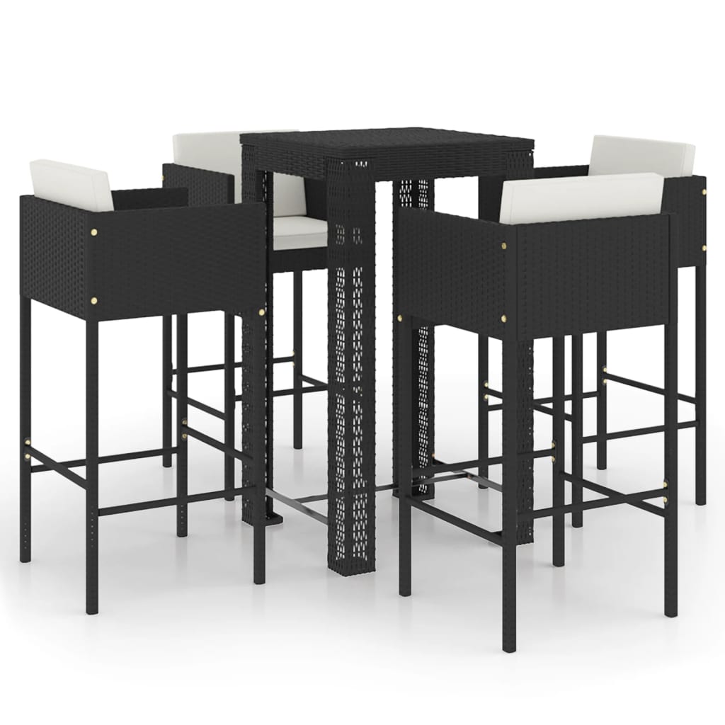 vidaXL 5 Piece Patio Bar Set with Cushions Poly Rattan Black