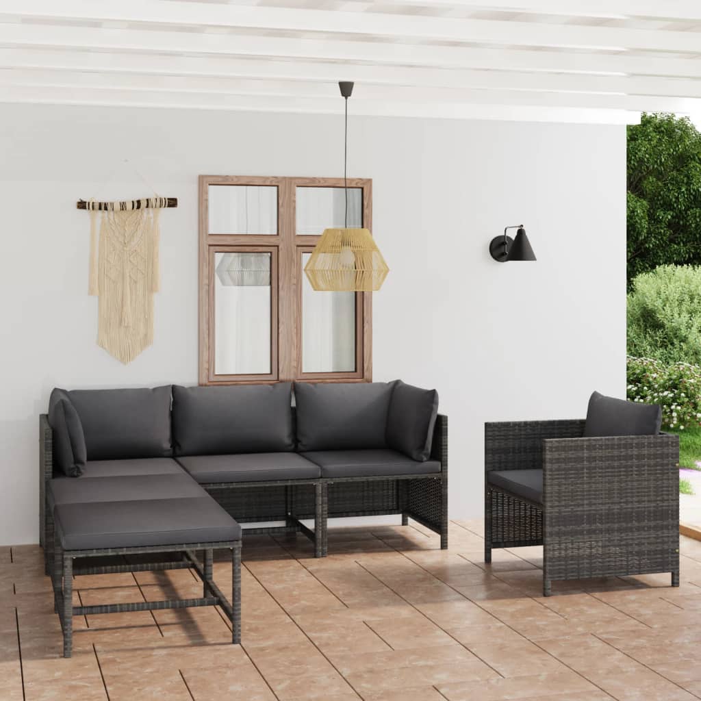 vidaXL 6 Piece Patio Lounge Set with Cushions Poly Rattan Gray