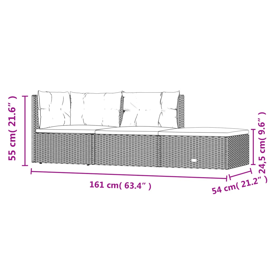 vidaXL 3 Piece Patio Lounge Set with Cushions Gray Poly Rattan