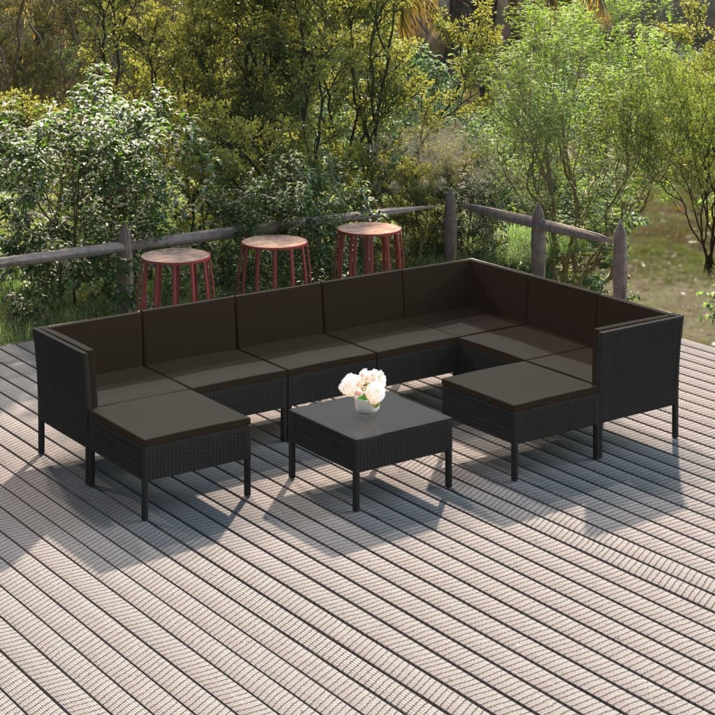 vidaXL 10 Piece Patio Lounge Set with Cushions Poly Rattan Black