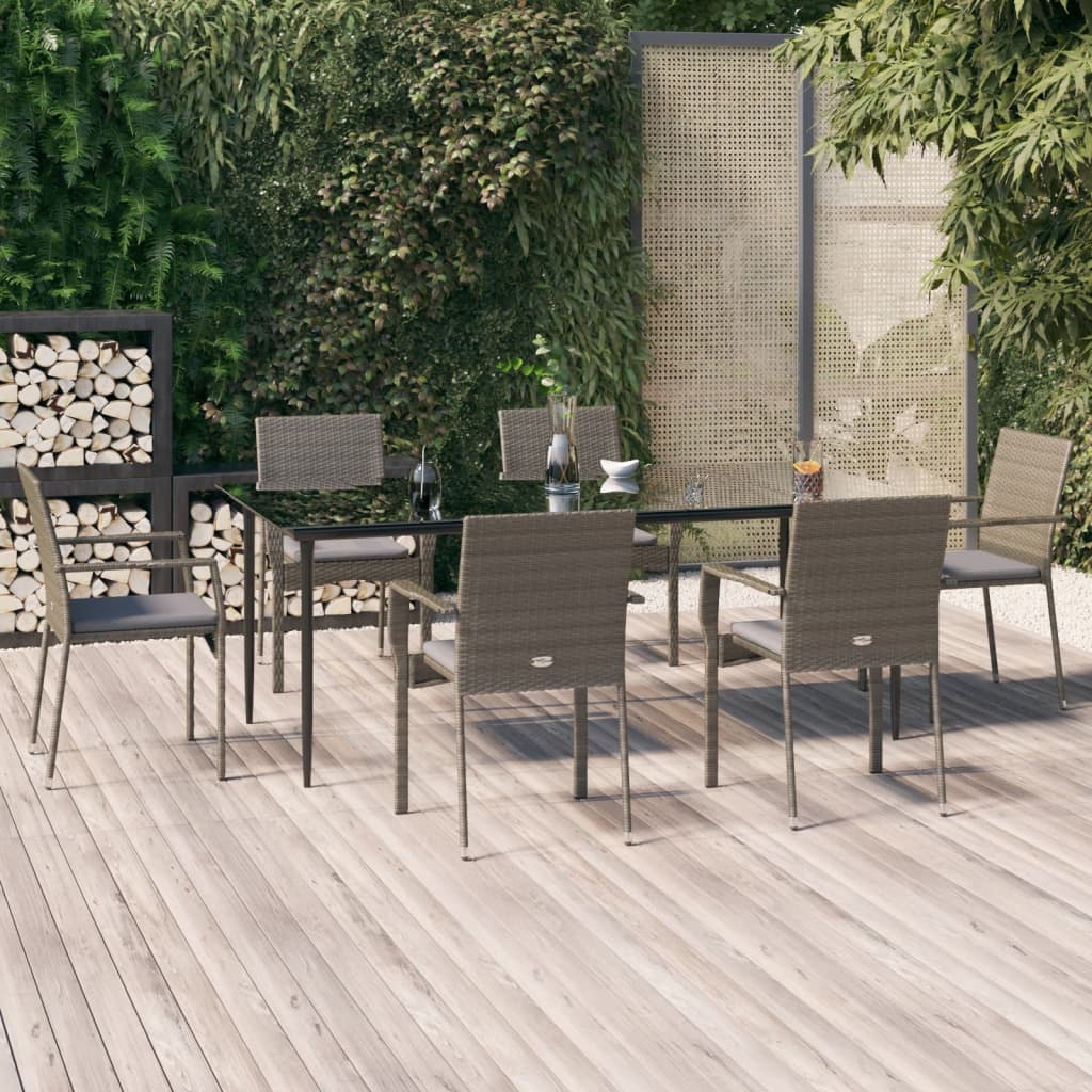 vidaXL 7 Piece Patio Dining Set with Cushions Black and Gray Poly Rattan