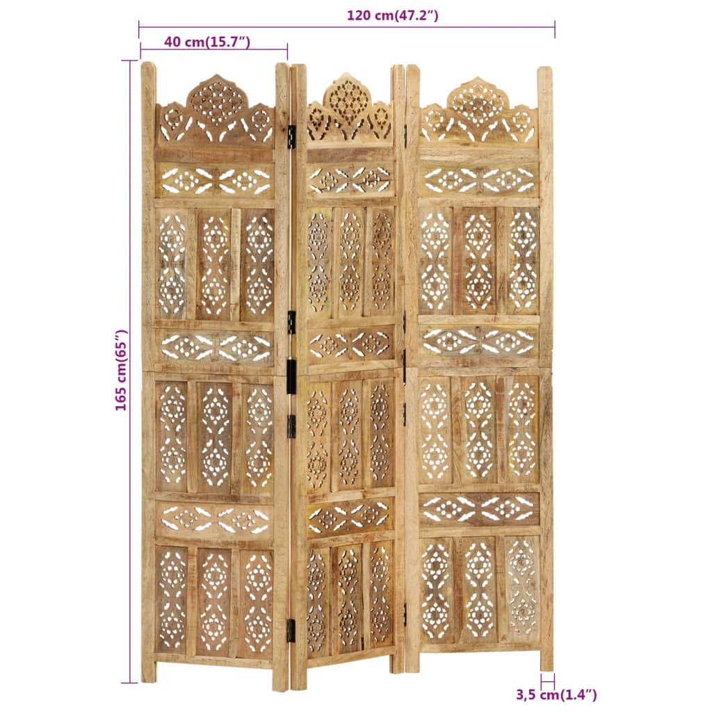 vidaXL Hand carved 3-Panel Room Divider 47.2"x65" Solid Mango Wood