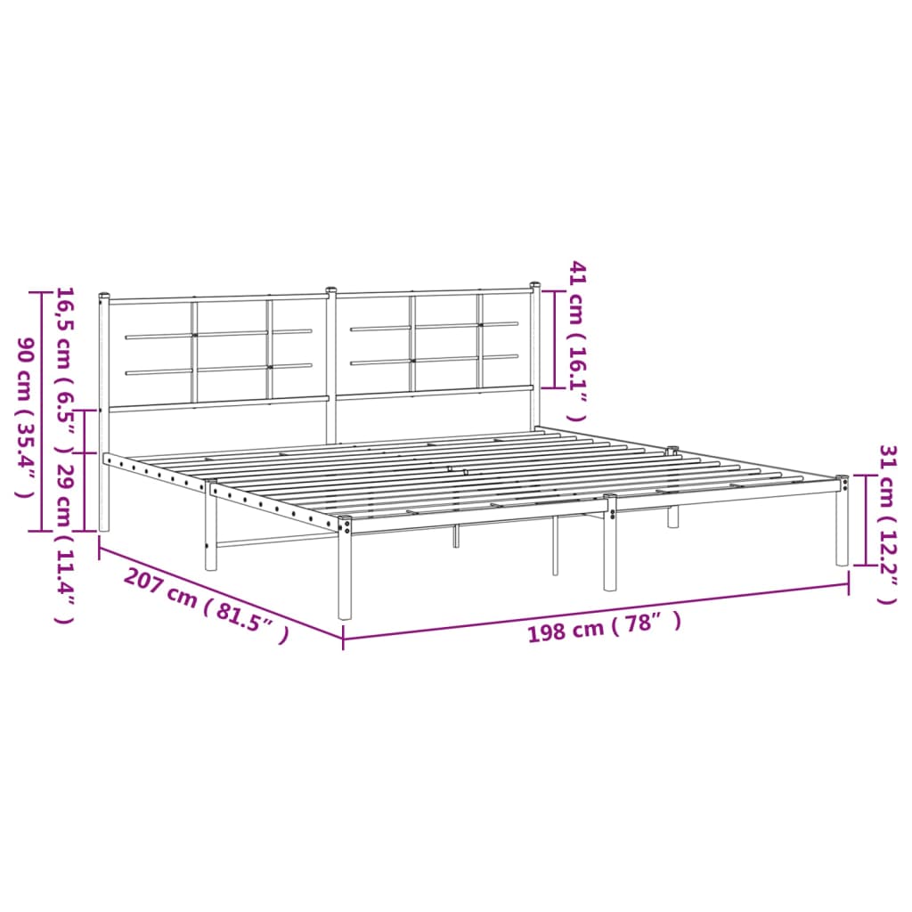 vidaXL Metal Bed Frame without Mattress with Headboard White 76"x79.9"