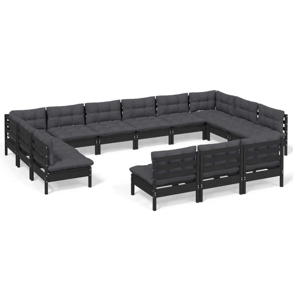 vidaXL 13 Piece Patio Lounge Set with Cushions Black Solid Pinewood