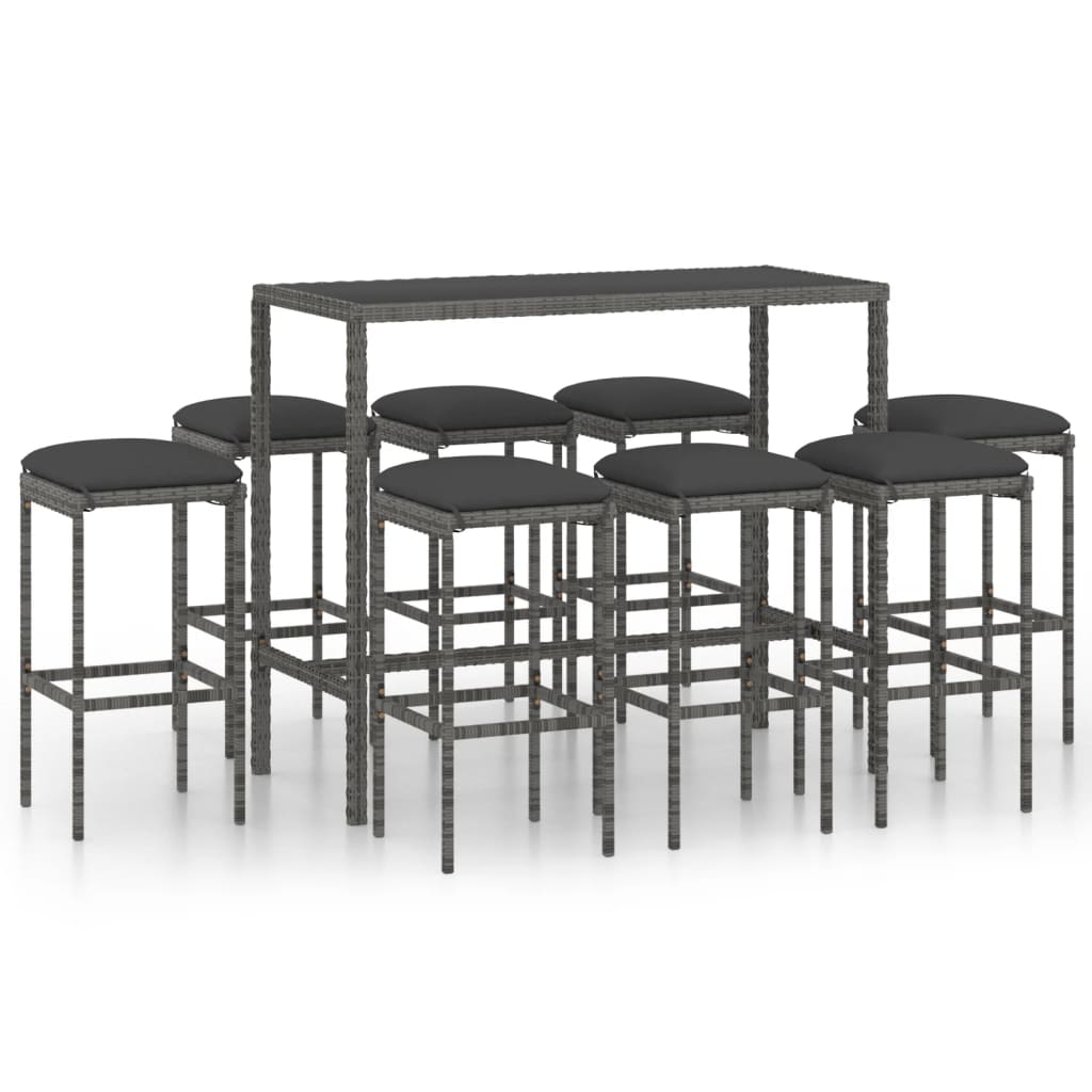 vidaXL 9 Piece Patio Bar Set with Cushions Poly Rattan Gray