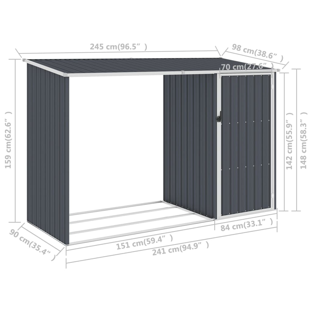 vidaXL Garden Firewood Shed Anthracite 96.5"x38.6"x62.6" Galvanized Steel