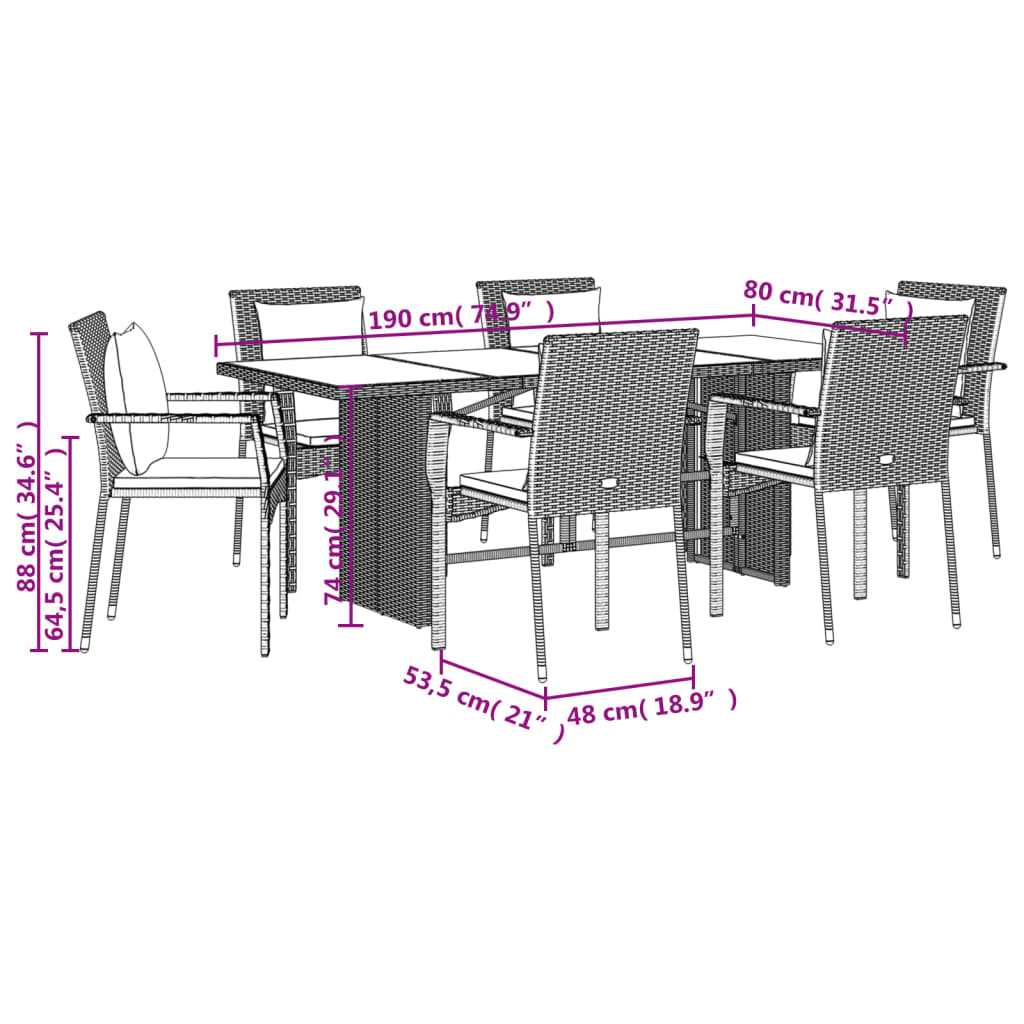 vidaXL 7 Piece Patio Dining Set with Cushions Gray Poly Rattan