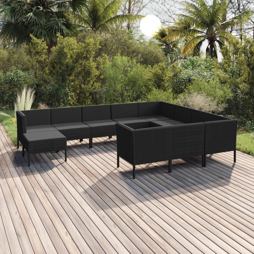 vidaXL 11 Piece Patio Lounge Set with Cushions Poly Rattan Black