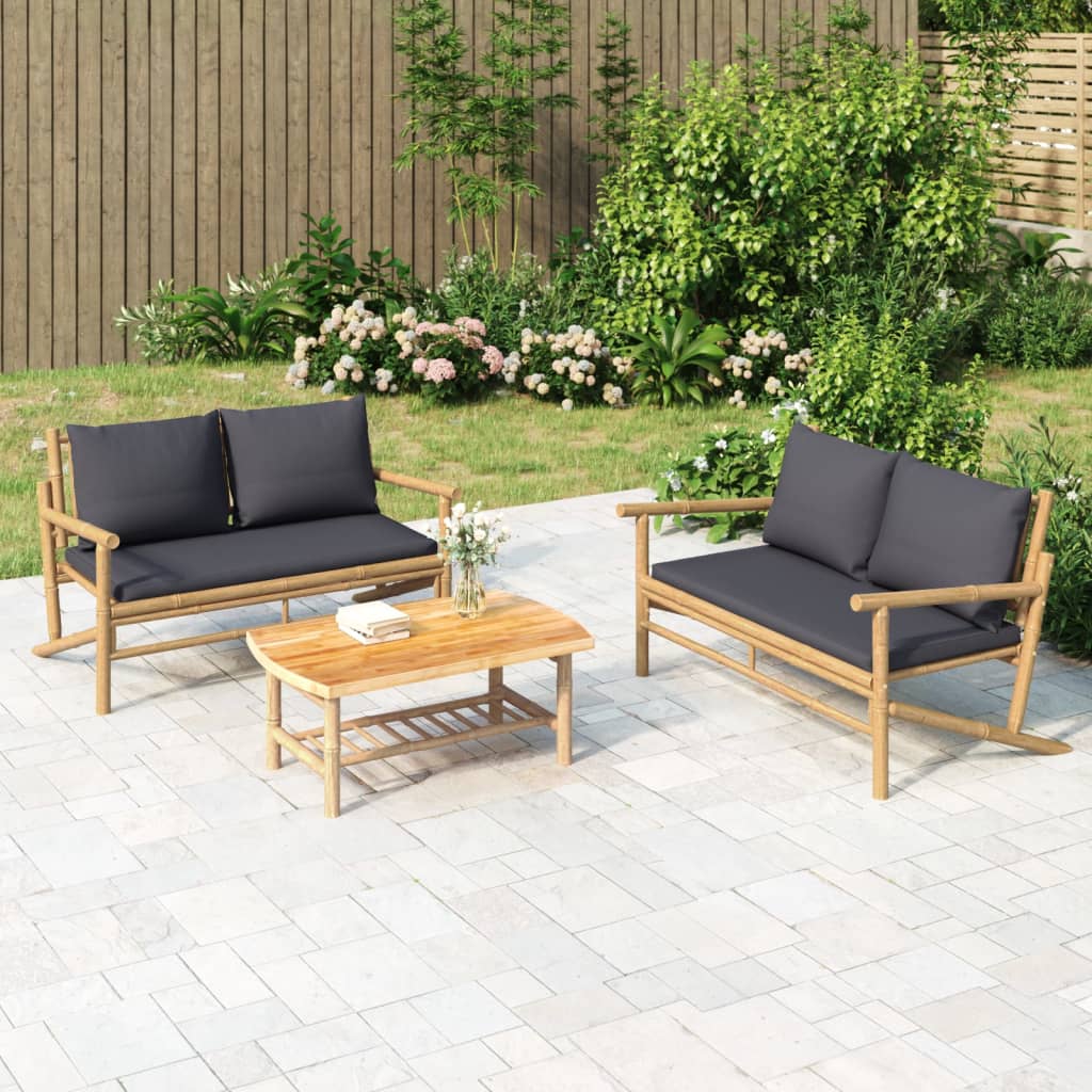 vidaXL 3 Piece Patio Lounge Set with Dark Gray Cushions Bamboo