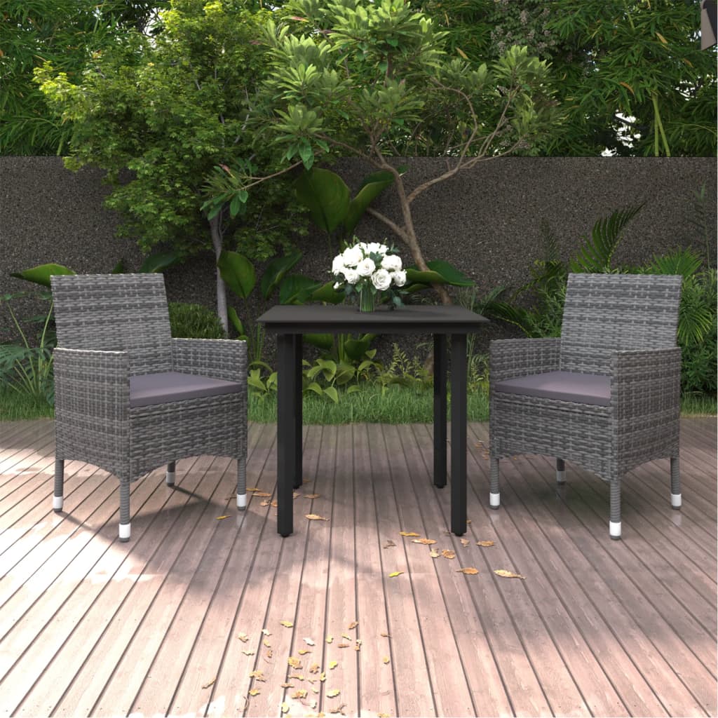 vidaXL 3 Piece Patio Dining Set with Cushions Poly Rattan and Glass