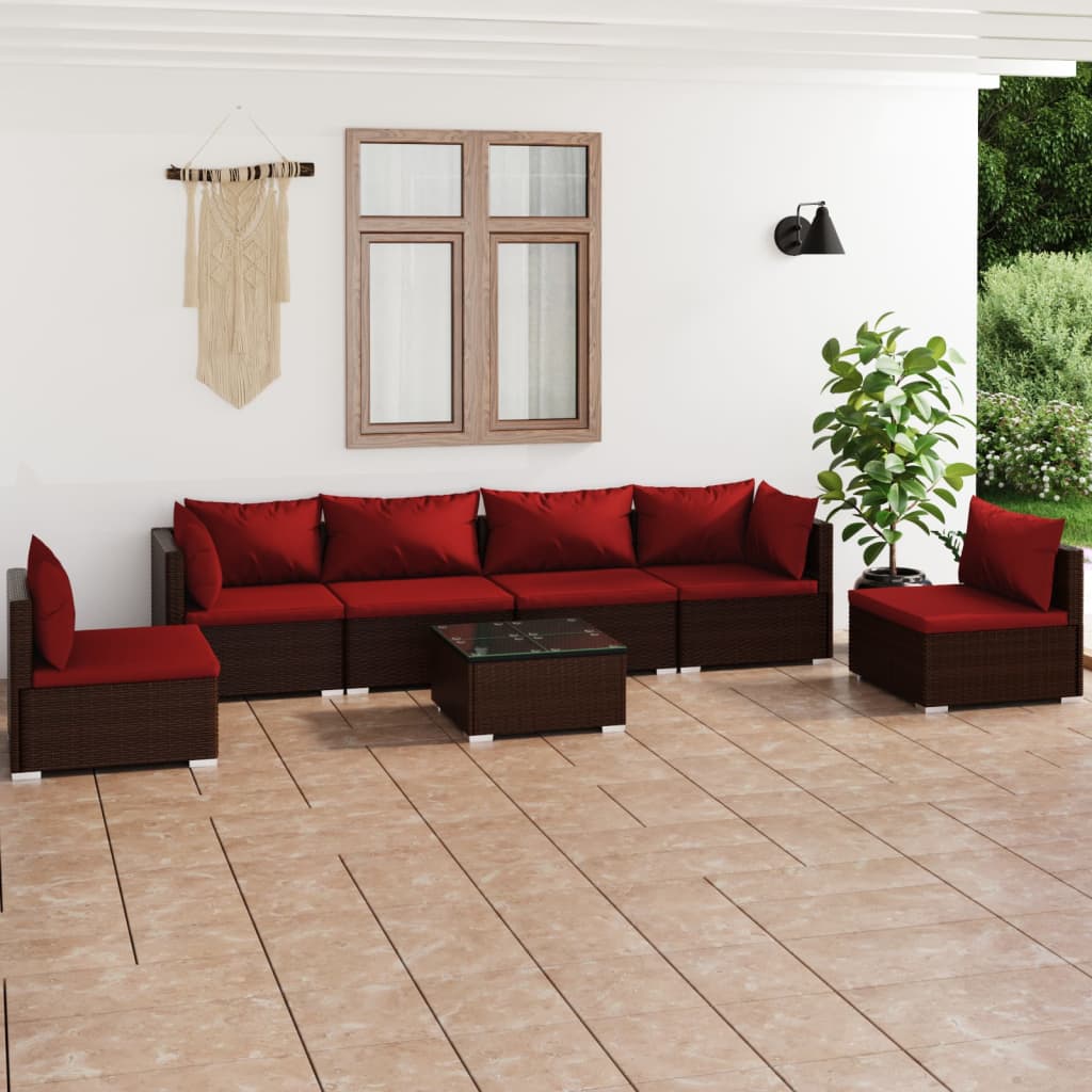 vidaXL 7 Piece Patio Lounge Set with Cushions Poly Rattan Brown