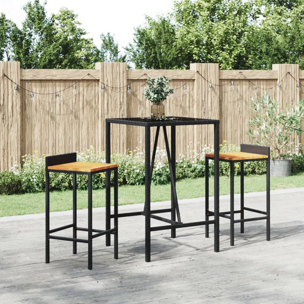 vidaXL 3 Piece Patio Bar Set Black Poly Rattan& Solid Wood Acacia