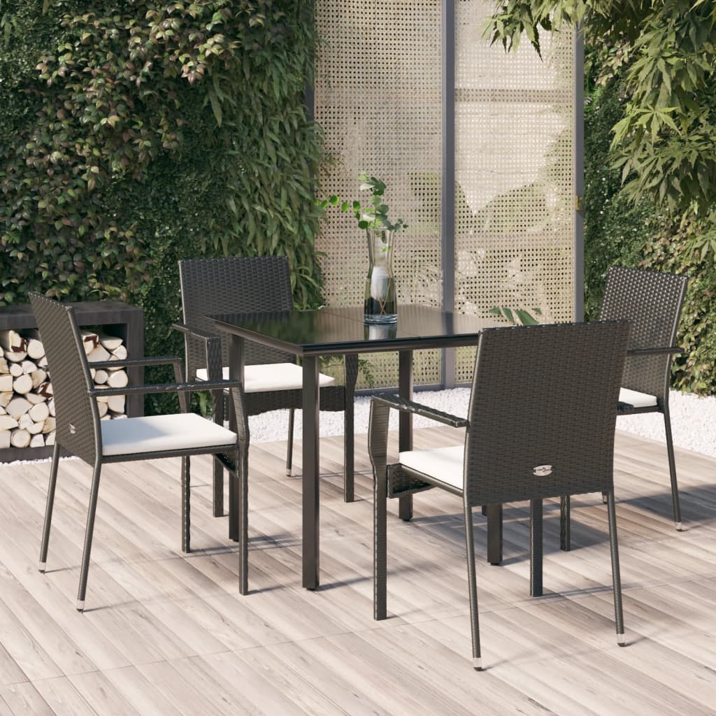 vidaXL 5 Piece Patio Dining Set with Cushions Black Poly Rattan