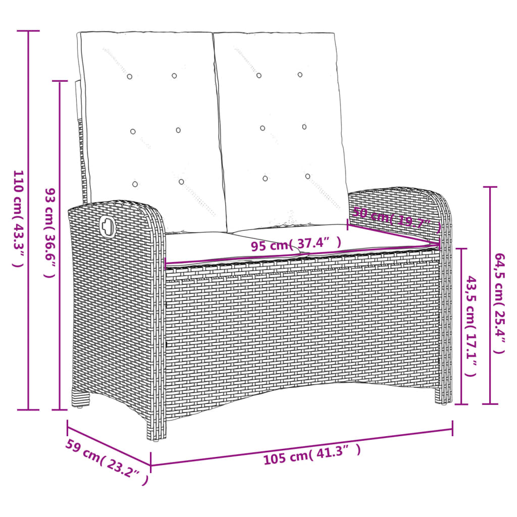 vidaXL Reclining Patio Bench with Cushions Gray Poly Rattan