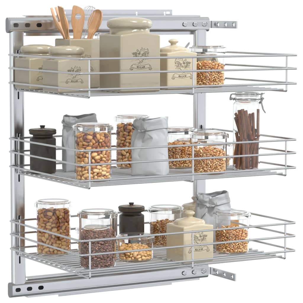 vidaXL 3-Tier Pull-out Kitchen Wire Basket Silver 18.5"x13.8"x22"