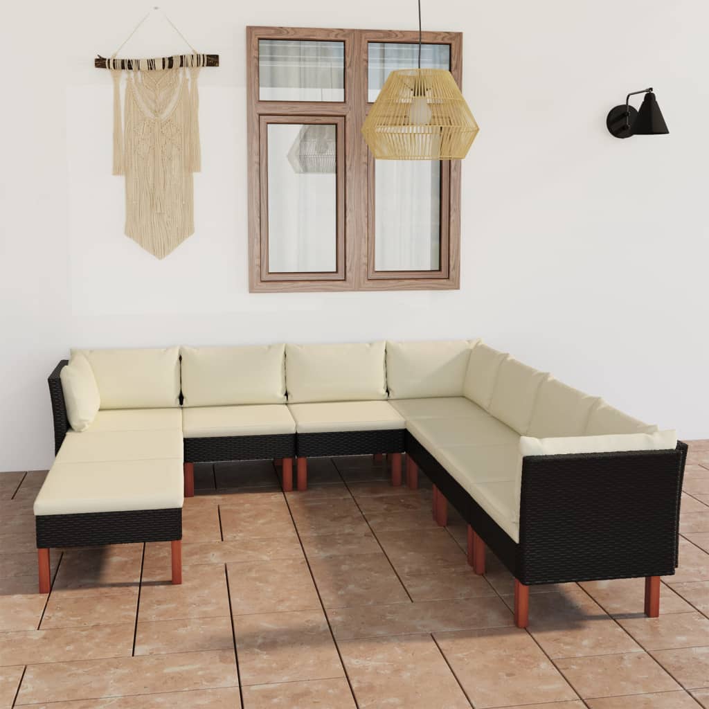 vidaXL 9 Piece Patio Lounge Set with Cushions Poly Rattan Black