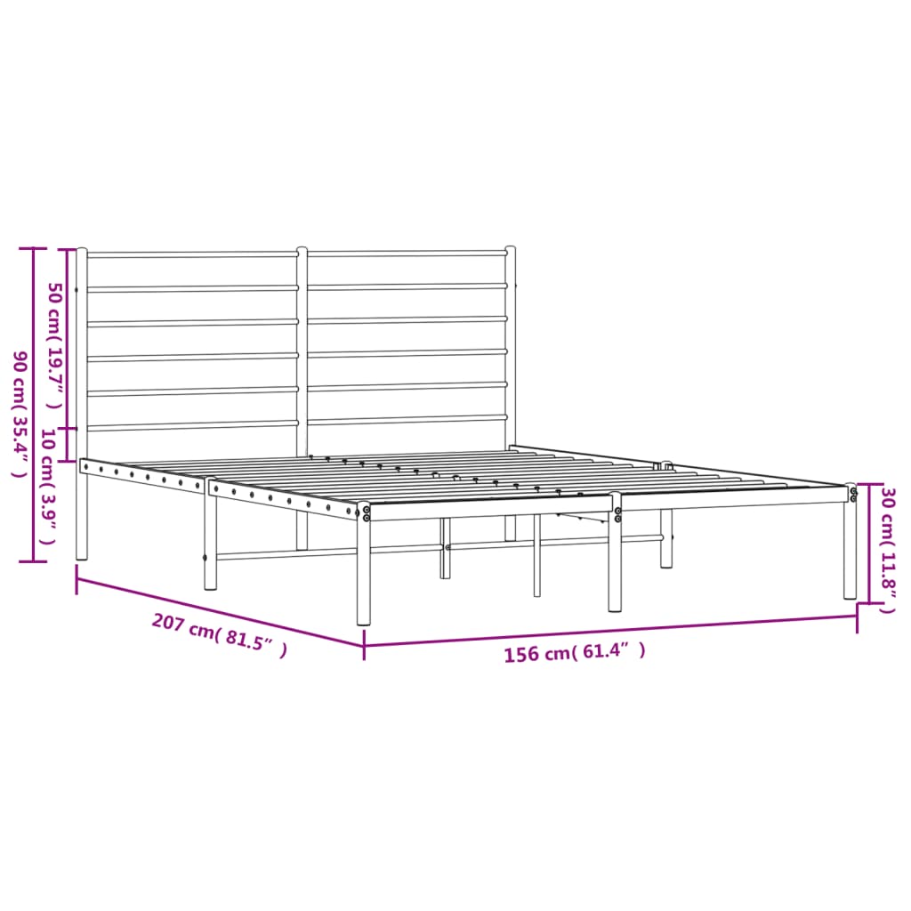 vidaXL Metal Bed Frame with Headboard White 59.8"x78.7"