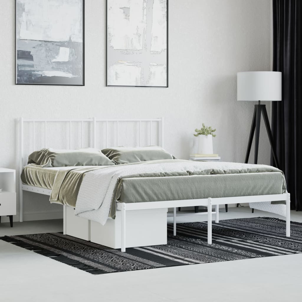 vidaXL Metal Bed Frame without Mattress with Headboard White 53.1"x74.8"