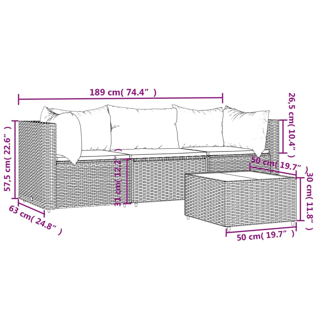 vidaXL 4 Piece Patio Lounge Set with Cushions Black Poly Rattan