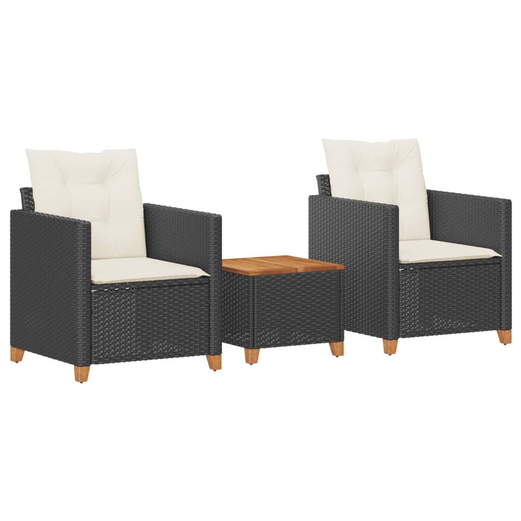 vidaXL 3 Piece Bistro Set with Cushions Black Poly Rattan Acacia Wood