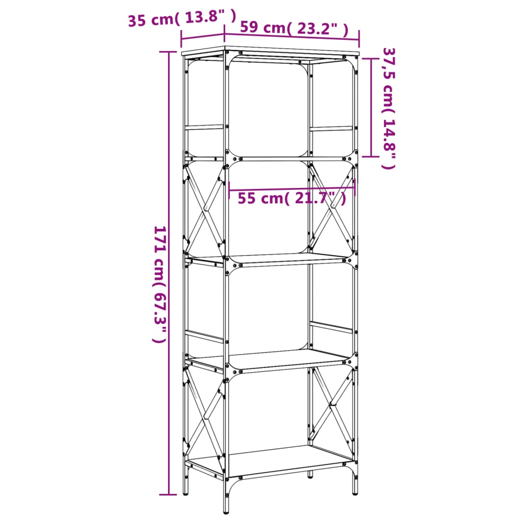 vidaXL Bookcase 5-Tier Brown Oak 23.2"x13.8"x67.3" Engineered Wood