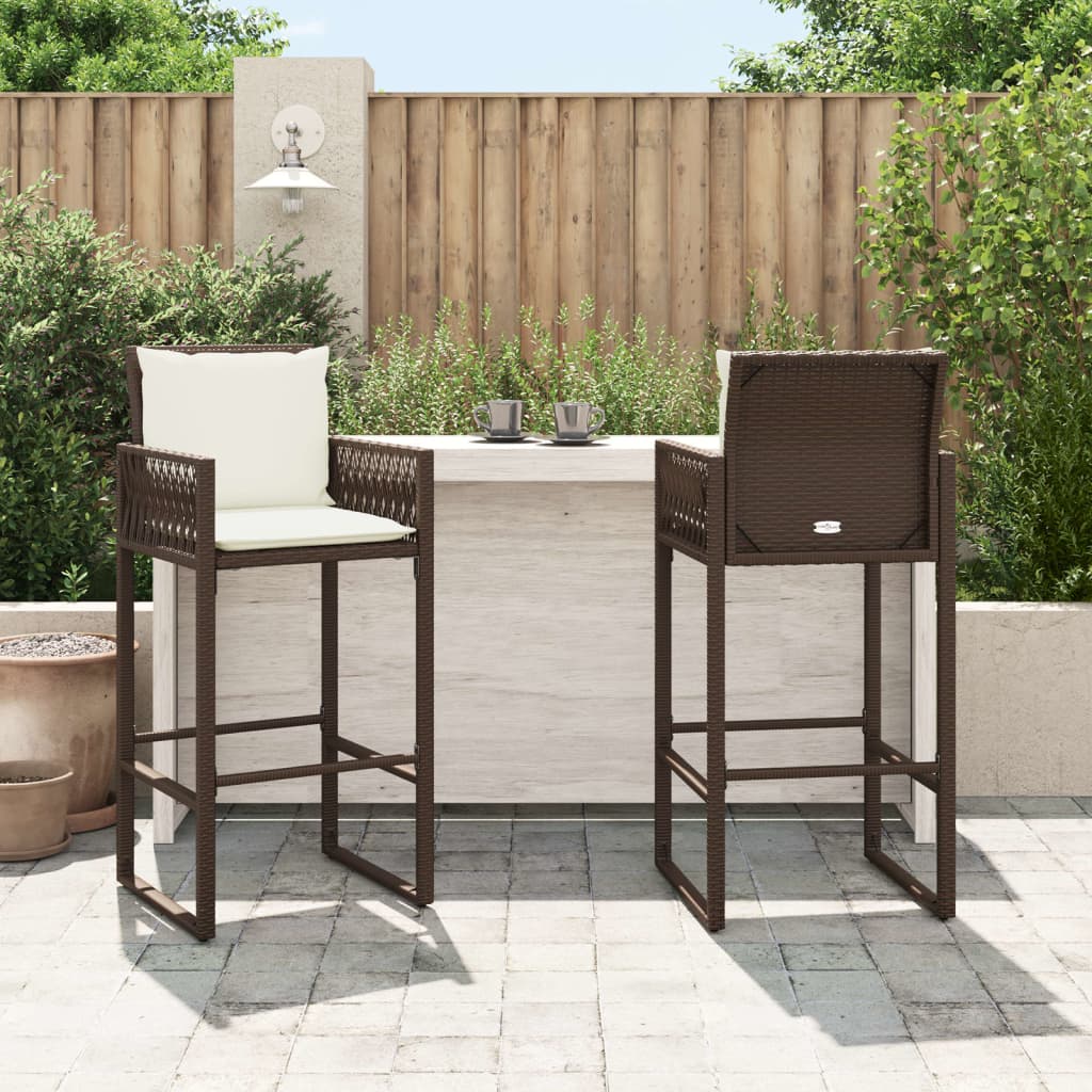 vidaXL Patio Bar Stools with Cushions 2 pcs Brown Poly Rattan