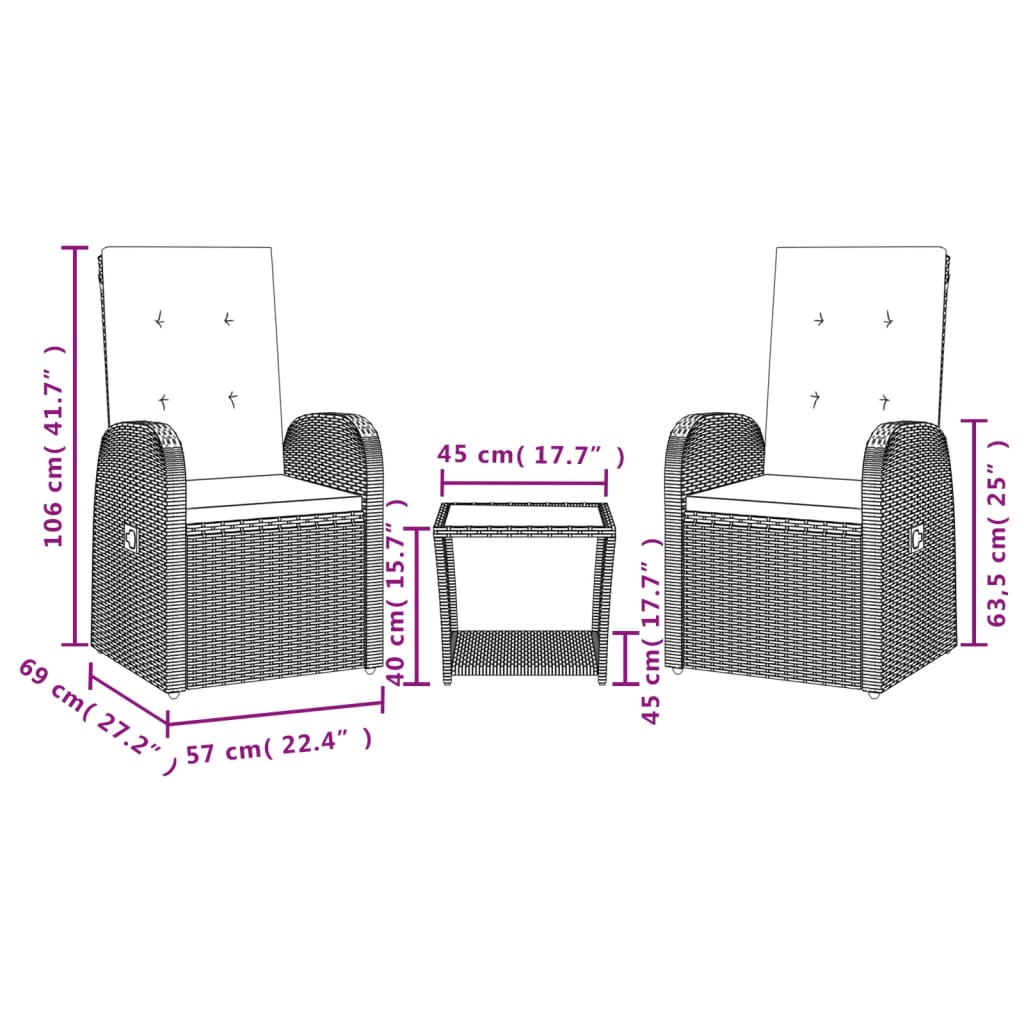 vidaXL 3 Piece Patio Dining Set with Cushions Gray Poly Rattan