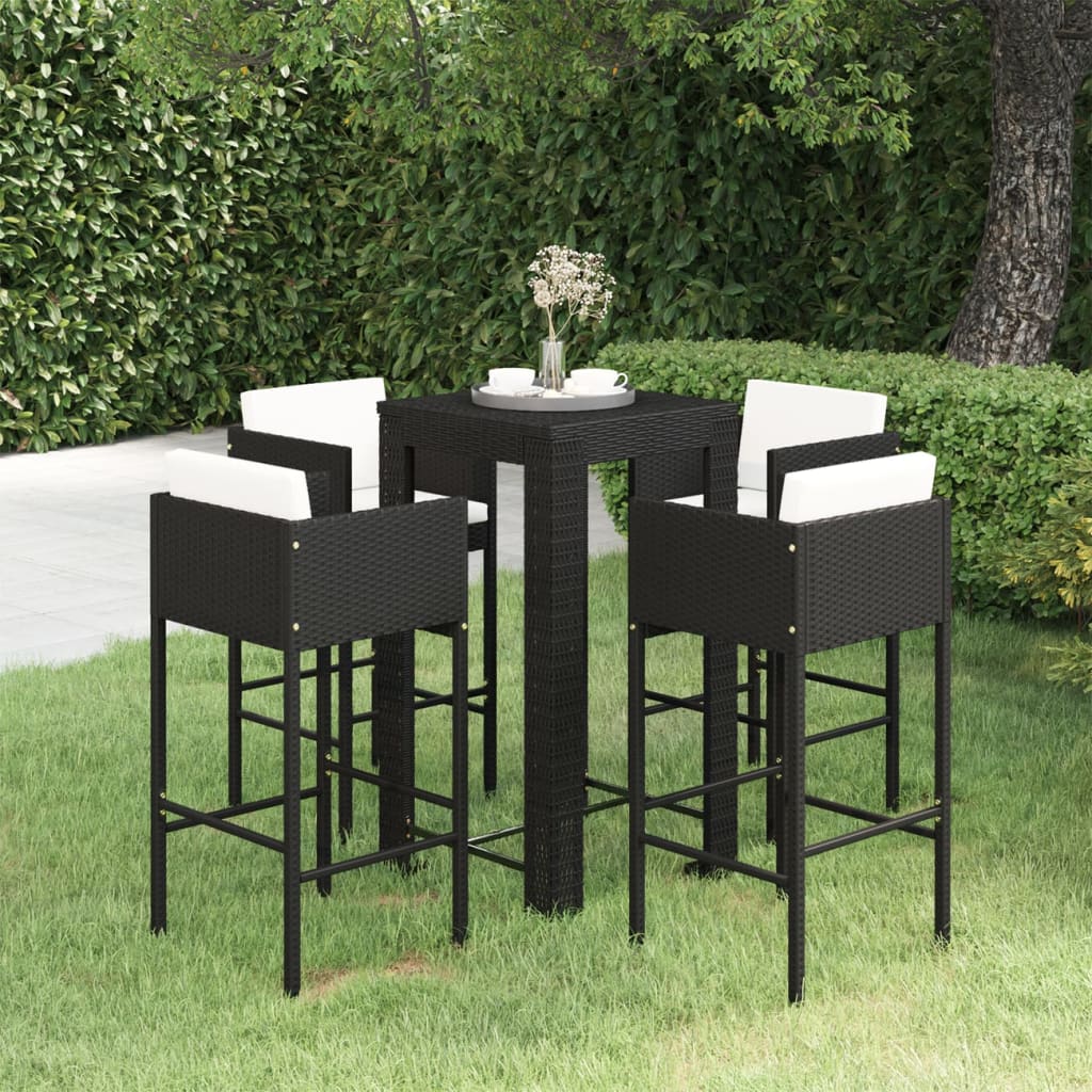 vidaXL 5 Piece Patio Bar Set with Cushions Poly Rattan Black