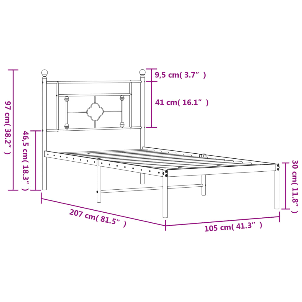 vidaXL Metal Bed Frame without Mattress with Headboard Black 39.4"x78.7"