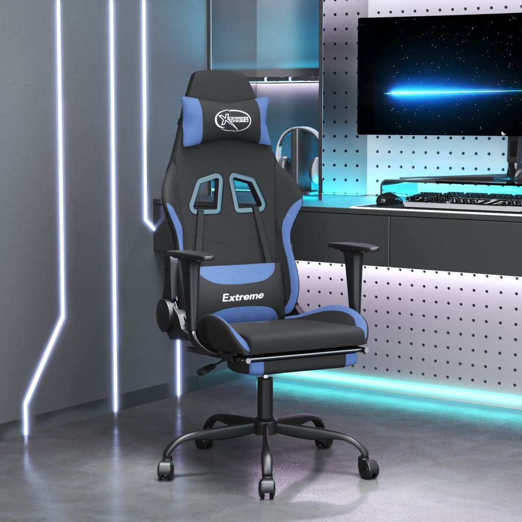 vidaXL Gaming Chair with Footrest Black and Blue Fabric