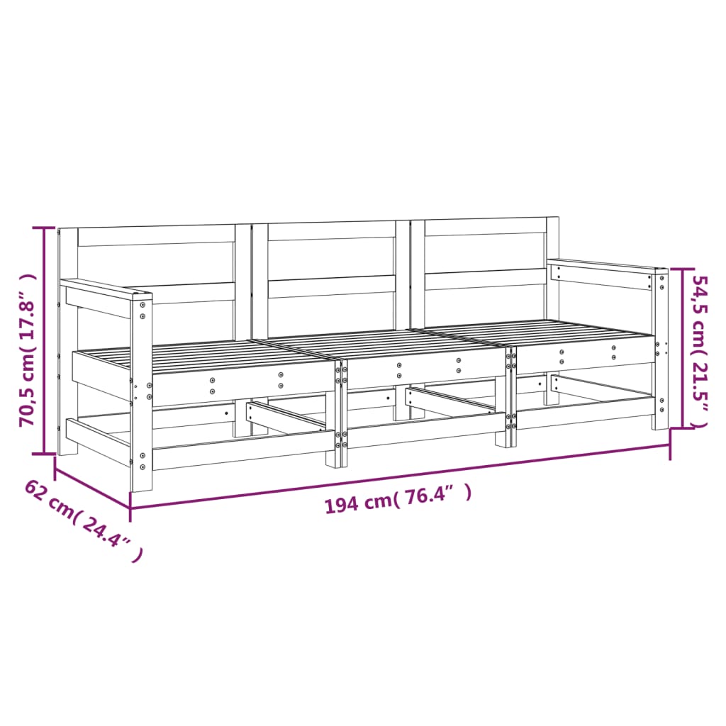 vidaXL 3 Piece Patio Lounge Set White Solid Wood Pine