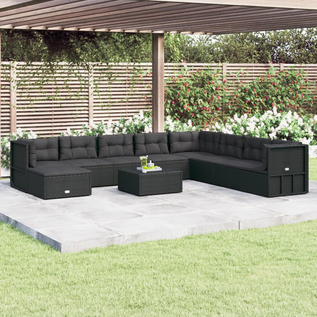 vidaXL 9 Piece Patio Lounge Set with Cushions Black Poly Rattan