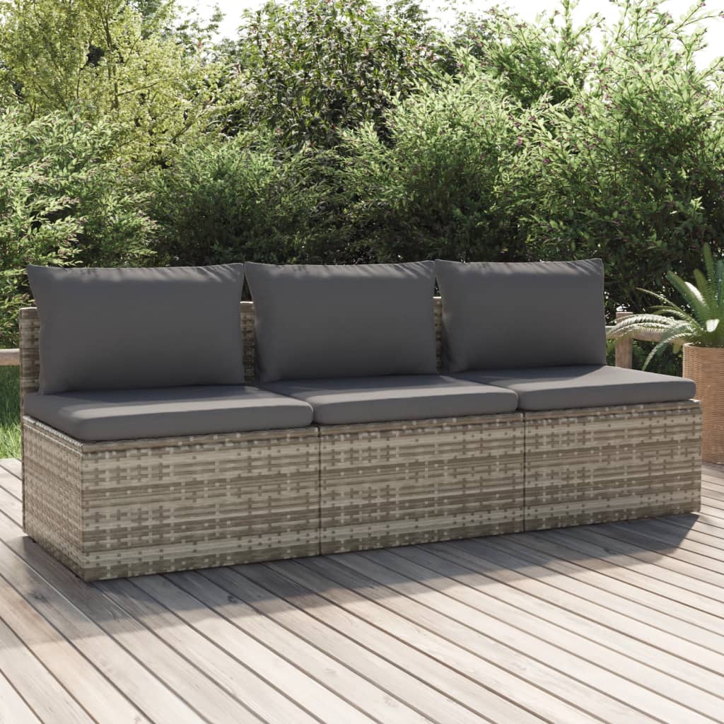 vidaXL 3-Seater Patio Sofa with Cushions Gray Poly Rattan