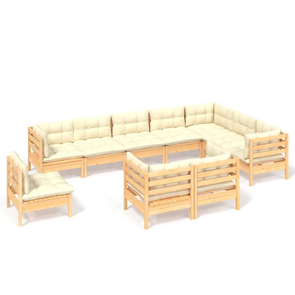 vidaXL 10 Piece Patio Lounge Set with Cream Cushions Solid Pinewood