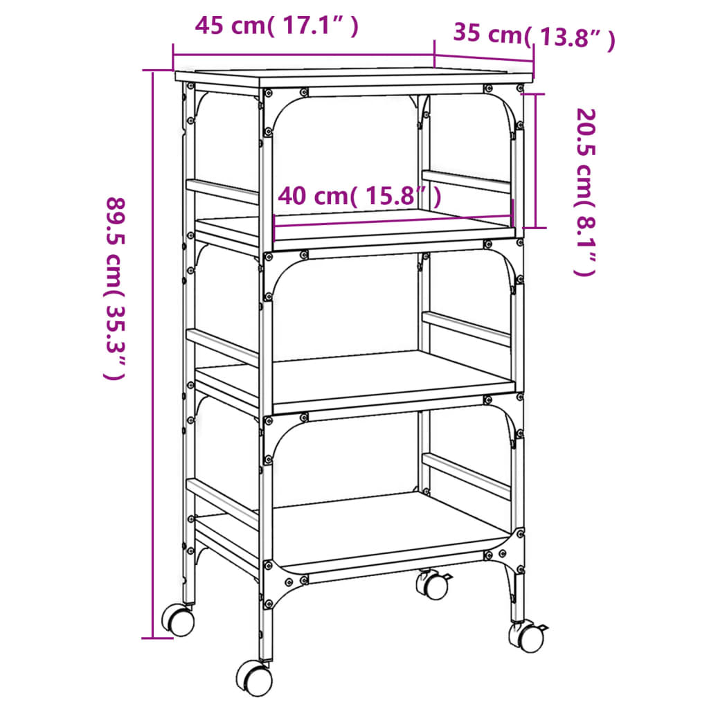 vidaXL Kitchen Trolley Black 17.7"x13.8"x35.2" Engineered Wood