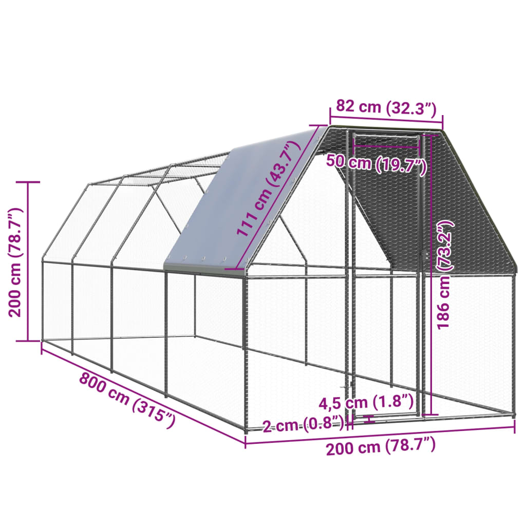 vidaXL Outdoor Chicken Cage 6.6'x26.2'x6.6' Galvanized Steel