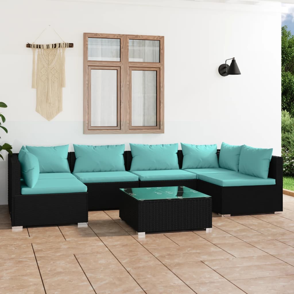 vidaXL 7 Piece Patio Lounge Set with Cushions Poly Rattan Black