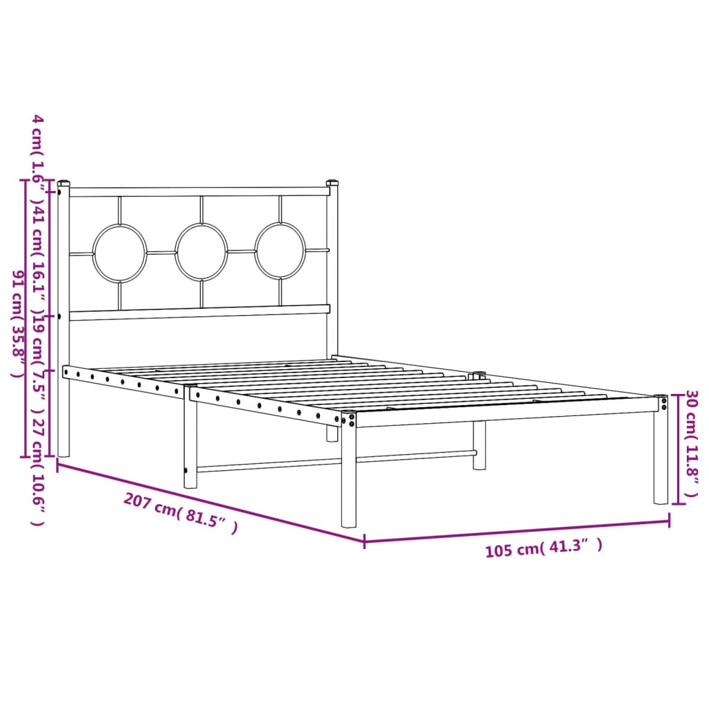 vidaXL Metal Bed Frame without Mattress with Headboard Black 39.4"x78.7"