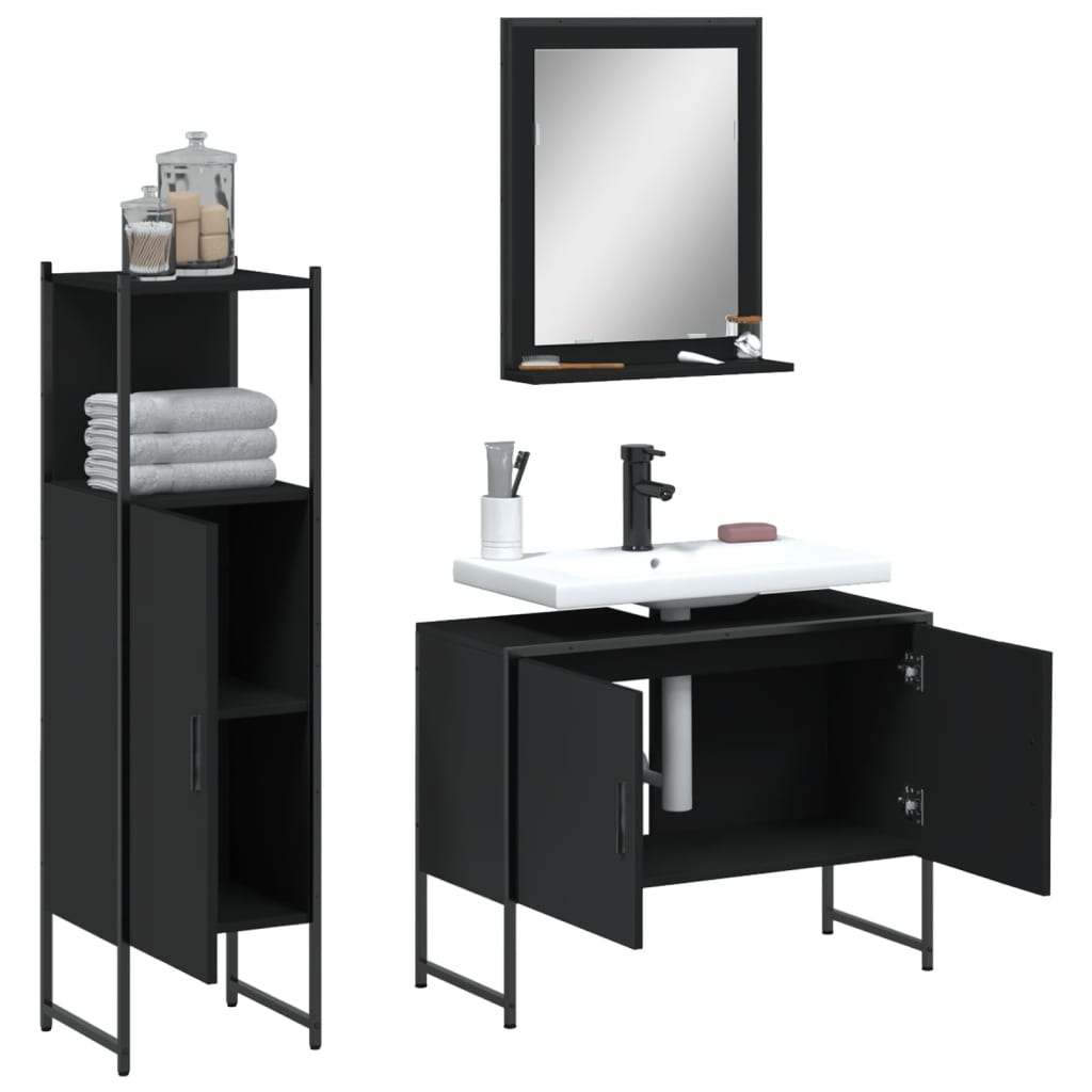 vidaXL 3 Piece Bathroom Cabinet Set Black Engineered Wood