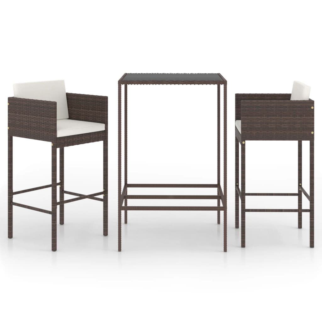 vidaXL 3 Piece Patio Bar Set with Cushions Poly Rattan Brown