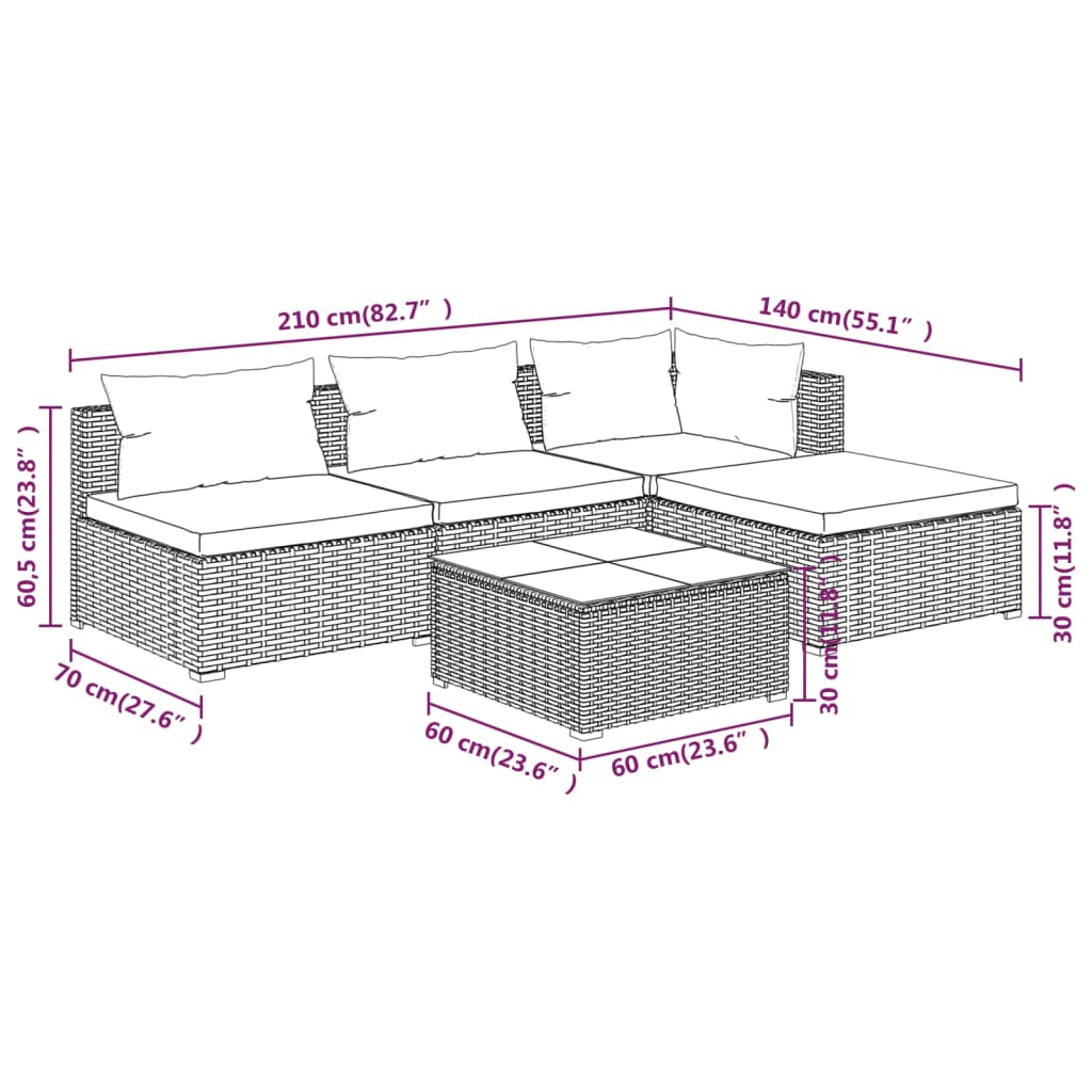 vidaXL 5 Piece Patio Lounge Set with Cushions Poly Rattan Brown