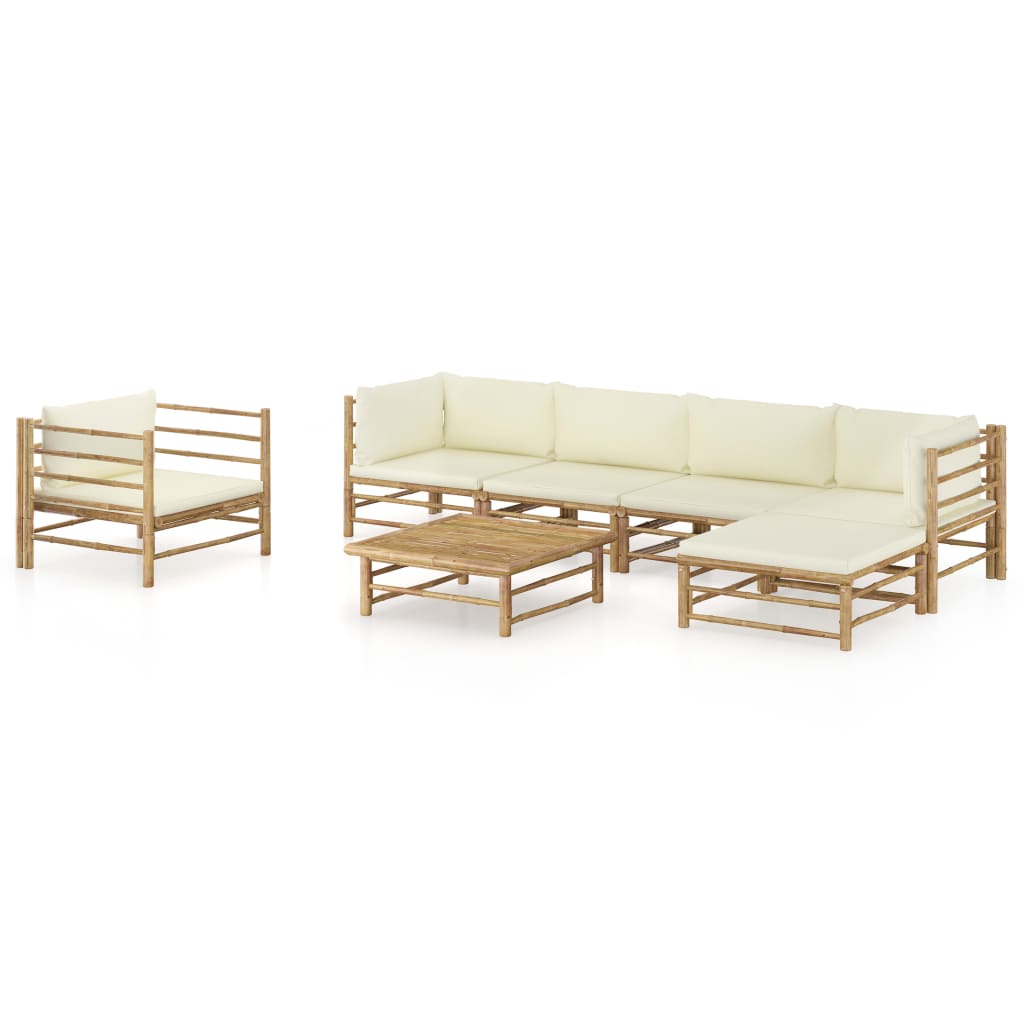 vidaXL 7 Piece Patio Lounge Set with Cream White Cushions Bamboo