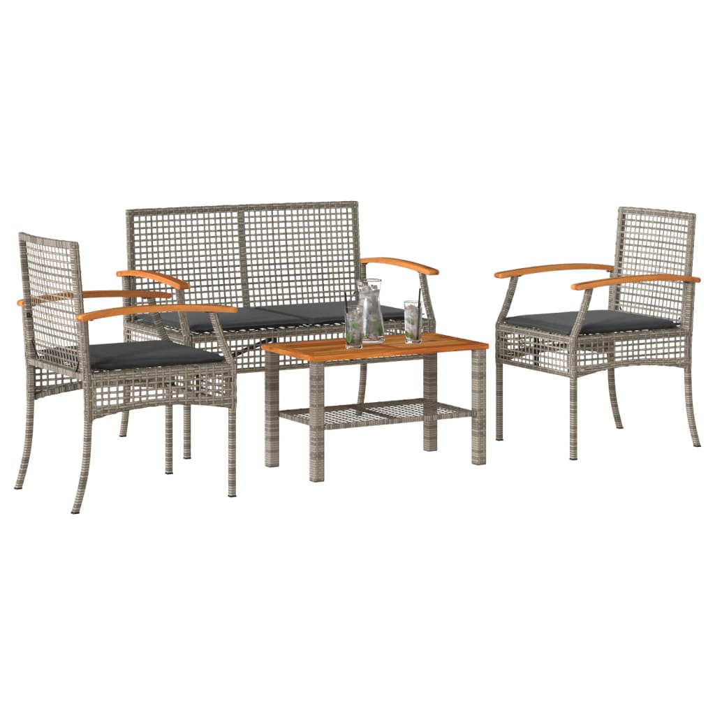 vidaXL 4 Piece Patio Lounge Set with Cushions Gray Poly Rattan