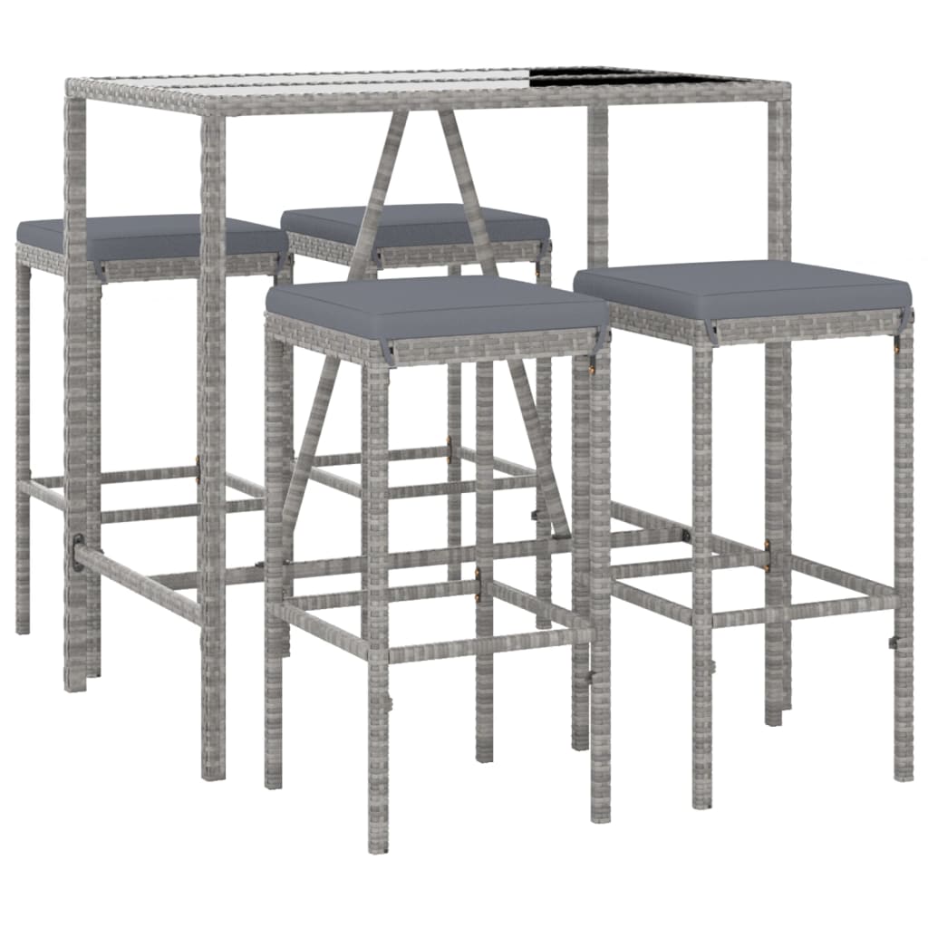 vidaXL 5 Piece Patio Bar Set with Cushions Gray Poly Rattan